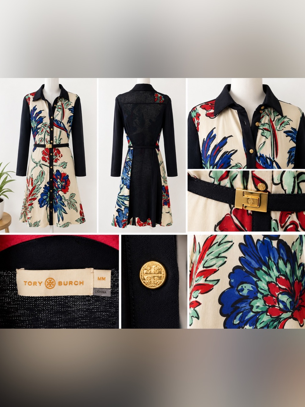 Tory Burch Black, Cream, Red & Blue Floral Belted Long-Sleeve Shirt Dress